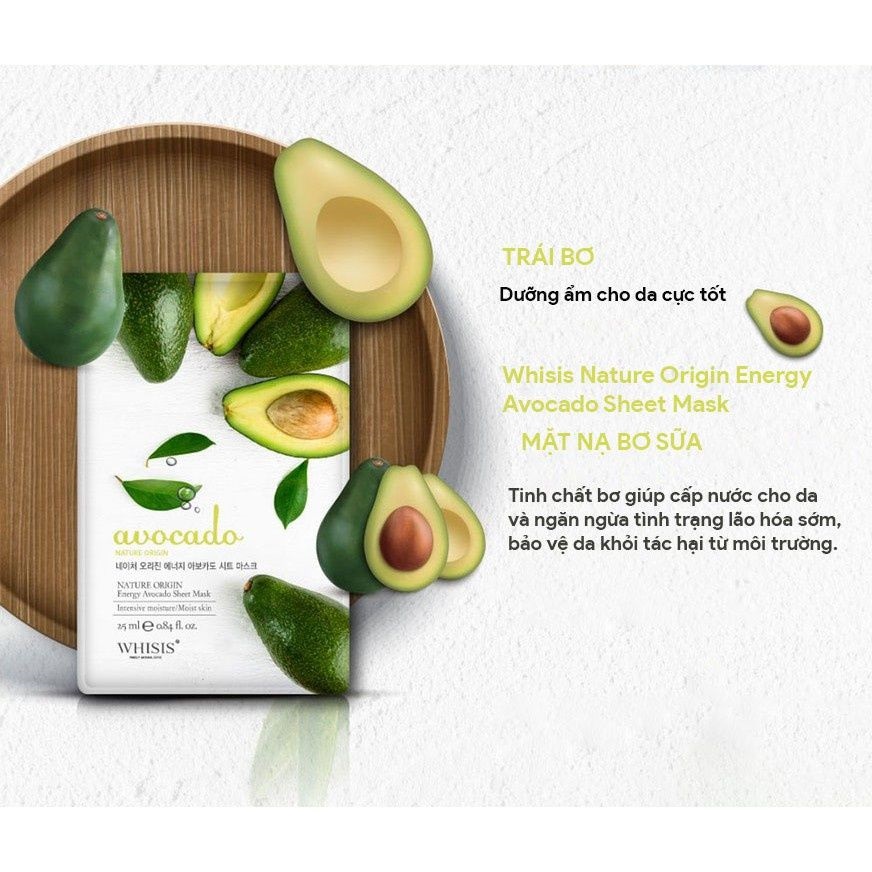 MẶT NẠ DƯỠNG DA CẤP ẨM WHISIS NATURE ORIGIN ENERGY AVOCADO CHIẾT XUẤT TỪ BƠ SỮA