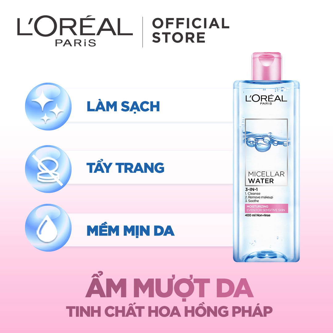 NƯỚC TẨY TRANG LOREAL HỒNG MICELLAR WATER 3-IN-1 MOISTURIZING 95ML