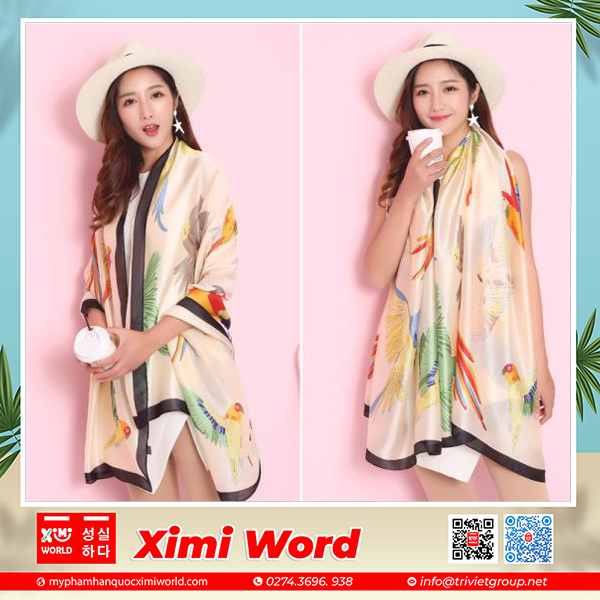 Khăn Choàng Ladies Silk Parrot In Lụa ( Đen & Trắng Sữa)