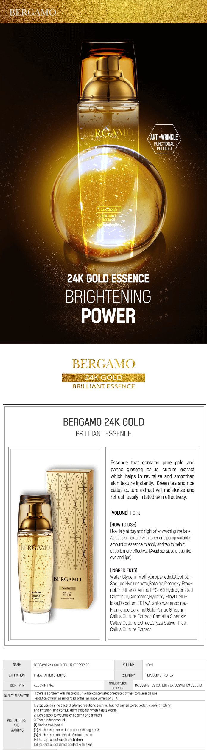 SERUM BERGAMO 24K GOLD BRILLIANT ESSENCE - NÂNG CƠ, TÁI TẠO, CHỐNG LÃO HÓA, TĂNG ĐÀN HỒI DA 110ML